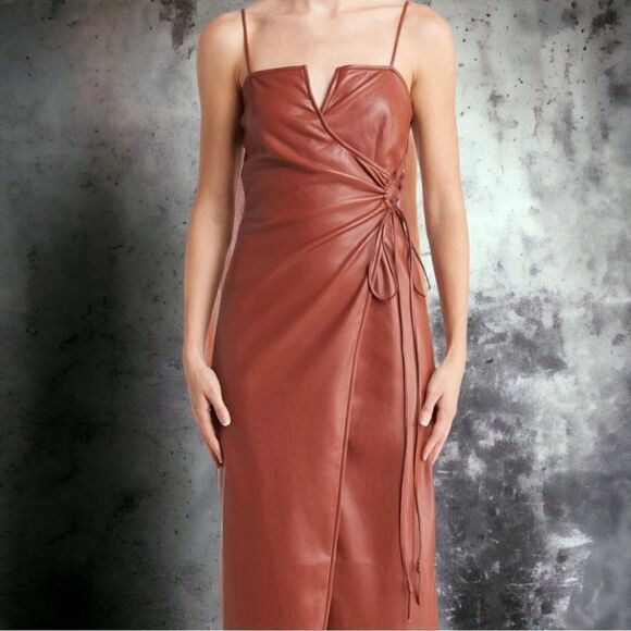 - Nanushka Anubi Asymmetrical Side-Tie Vegan Leather Brick Midi Dress, L - Picture 1 of 12